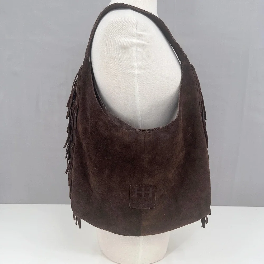 Haute Hippie Suede Fringe Hobo Shoulder Bag Brown Slouchy Boho Western Cowgirl